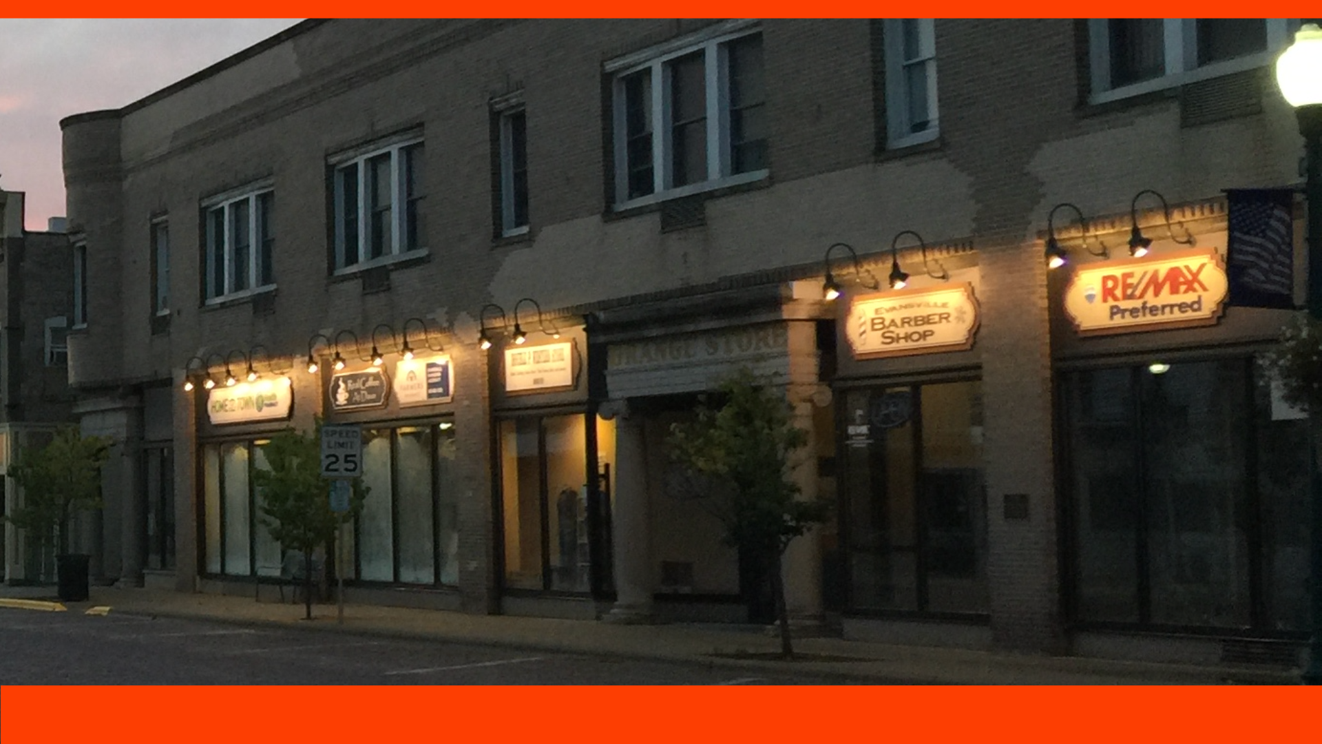 Downtown building at dusk